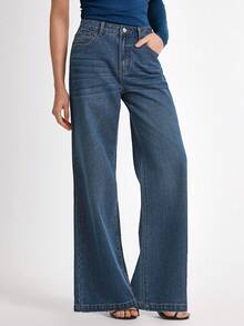 Daynim 女士休闲直筒牛仔裤 - 中等水洗藍 - 查看 4