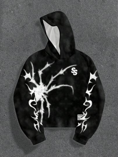 Manfinity ZONE917 Men Boxy Loose Halloween Faux Snowflake White Spider & Flame Graphic Cropped Hoodie Sweatshirt, Spider Hoodie, Hip Hop Hoodie, Vintage Hoodie , Fall