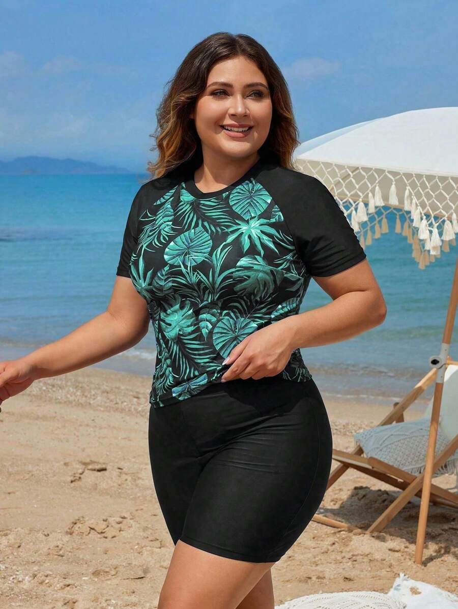 Swim Lushoire Summer 2 Pieces Plus Size Women's Random Print Short Sleeve Tankini Swimwear With Shorts, Modest, Slimming, Casual For Vacation