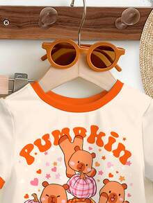 SHEIN Halloween Baby Girl Cute Modest Burnt Orange Summer Birthday Plaid Pumpkin & Capybara Pattern,Mini Star Print Short Sleeve T-Shirt And Pants Set - Multicolor - View 4