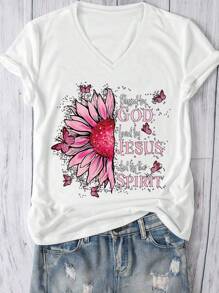 大码休闲 V 领短袖 T 恤，带有向日葵、蝴蝶和耶稣标语图案，适合日常穿着，四季皆宜