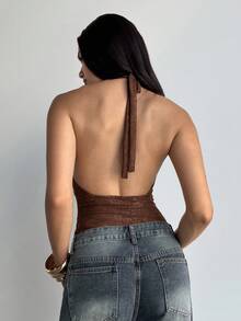 Aloruh 女式复古蕾丝花卉拼布露背吊带背心，夏季 - 棕色 - 查看 2