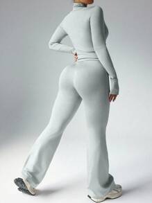 Easithlete Women Plus Size Casual Zipper Jacket With Thumb Hole & High Waist Flare Pants 2 Pieces Set Workout Women Set Y2k