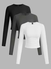 SHEIN EZwear 3pcs/Set Women's Casual Solid Color Crew Neck Ruched Long Sleeve T-Shirts, Black, Dark Grey, White, Autumn/Winter,Fall Tops