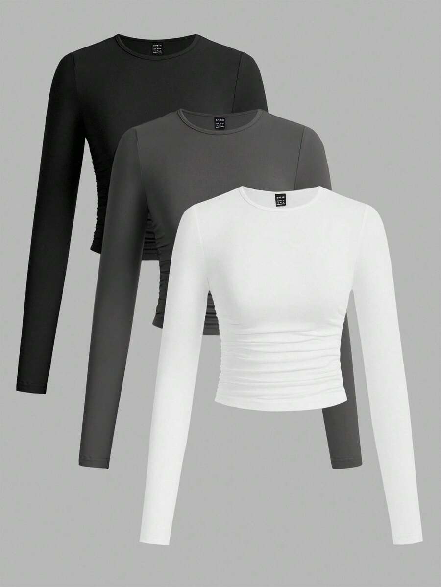 SHEIN EZwear 3pcs/Set Women's Casual Solid Color Crew Neck Ruched Long Sleeve T-Shirts, Black, Dark Grey, White, Autumn/Winter,Fall Tops
