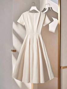 Franclia Elegant Minimalist Round Neck Patchwork Ruched Midi Dress For Women - Apricot - View 2