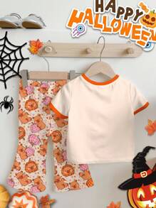 SHEIN Halloween Baby Girl Cute Modest Burnt Orange Summer Birthday Plaid Pumpkin & Capybara Pattern,Mini Star Print Short Sleeve T-Shirt And Pants Set - Multicolor - View 3