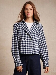 WESTFADE Gingham Notch Collar Double Breasted Boxy Fit Cropped Trench Coat Back To School Cute Fall Clothes