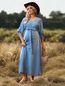 SHEIN Maternity Casual Front Button Denim Dress