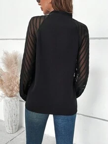 Islaluna Contrast Mesh Raglan Sleeve Tie Neck Blouse Fall Cloth For Women - Black - View 2