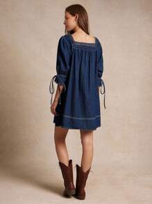 WESTFADE 褶皱方领泡泡袖蝴蝶结纯棉牛仔迷你直筒连衣裙 返校可爱秋装夏季乡村音乐会 - 深色水洗藍 - 查看 2
