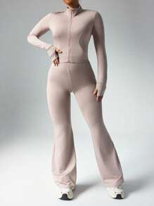 Rhythm Era 2 件套女士加大码休闲前拉链连帽夹克和高腰喇叭裤，拇指孔设计健身女士套装 - 粉色 - 查看 3