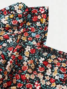 SHEIN 青少年女童连衣裙长袖碎花长袖连衣裙，适合度假、郊游和聚会，适合秋冬季穿着。 - 黑色 - 查看 5