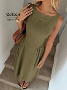 Easowa Đầm suông chữ A cổ tròn, xếp ly eo, đầm midi thanh lịch cho nữ, làm từ vải cotton hữu cơ, thích hợp cho mùa xuân và mùa hè - màu xanh lá - Xem 4