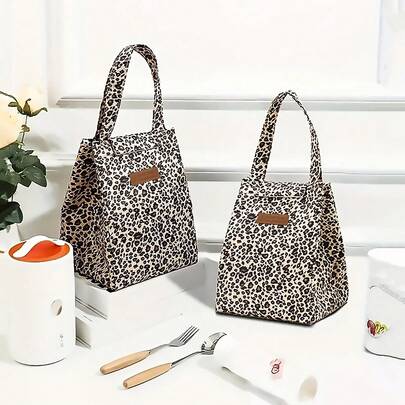 Túi đựng cơm trưa cách nhiệt họa tiết da báo màu nâu - Túi tote giữ nhiệt chống thấm nước có thể tái sử dụng có ngăn đựng đồ dùng cho công việc, trường học, dã ngoại | Kiểm soát nhiệt độ thực phẩm | Vật dụng văn phòng di động thiết yếu