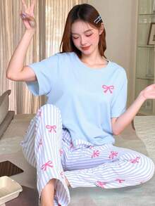 SHEIN 2pcs/Set Teenage Girls Sweet Cute Elegant Minimalist Fashion New Pink Bow Round Neck Short Sleeve Top And Blue Striped Bow Pants Casual Comfortable Pajamas - Blue - View 5