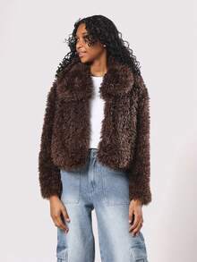 SUMWON Abrigo de peluche para adolescentes, chaqueta de piel sintética de invierno cálida y esponjosa de estilo sherpa, abrigo de moda esponjoso con bolsillos laterales para uso casual diario - Marrón - Ver 1