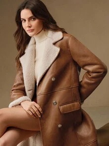 Anewsta 棕褐色仿毛皮领双排扣长款大衣，配腰带，优雅高档，秋冬款 - 咖啡棕 - 查看 6