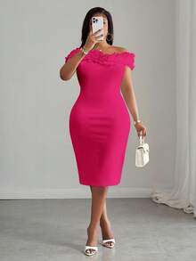 Slaydiva White Elegant Party Fitted V-Neck Ruffle Splice Off-Shoulder Bodycon Dress, Suitable For Spring/Summer - Party - Hot Pink - View 4