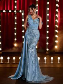 Glamrae Váy dạ hội xẻ tà gợi cảm xẻ tà màu xám xanh thanh lịch, thêu hoa văn thủ công bằng vải satin, đính ren bất đối xứng, tay áo Dolman khoét rỗng, trang trí xếp nếp, viền đuôi cá, gợi cảm dành cho nữ - Xám Xanh - Xem 7