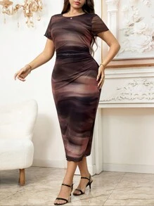 Ellevyn Đầm suông tay ngắn cổ tròn in họa tiết nhuộm loang cỡ lớn cho nữ, Đầm dài ôm sát eo và hông in họa tiết lưới co giãn cao cỡ lớn cho nữ, Đầm dệt kim dài phối ren chắp vá co giãn thời trang Halloween mùa hè - Nhiều màu - Xem 2