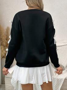 SHEIN Women's Long Sleeve Crew Neck Sweatshirt, Bowknot Cuff Decor, Maternity Autumn - Black - View 2