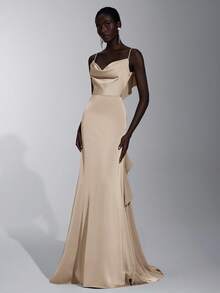 Elitara Elegant Champagne Color Ruffle Strap Bridesmaid Dress - Khaki - View 2