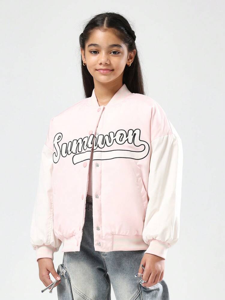 Pink Bomber Jacket With White Sleeves And Logo