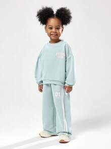 SUMWON Kids Future Icon Sweatshirt And Wide Leg Pants Set Mint Green Pastel Cozy Wear Two Piece Streetwear Outfit Matching Coordinates Winter Holiday - Green - View 2
