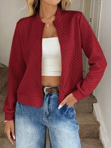 Easowa 女士绗缝纹理面料棒球夹克，休闲通勤优雅户外运动家居舒适秋冬红色绗缝夹克女式红色拉链夹克女式绗缝飞行员夹克女式轻便红色夹克女式休闲红色夹克，秋季 - 紅色 - 查看 3