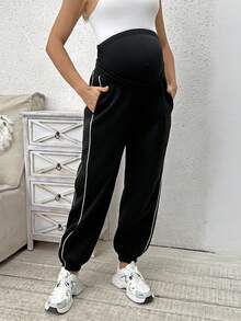 SHEIN 孕妇纯色侧条纹贴袋裤 - 黑色 - 查看 7