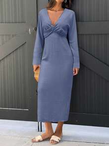 EMERY ROSE 女士优雅简约纯色深V领修身中长连衣裙，春秋季