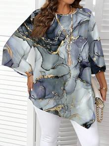 EMERY ROSE Camisa de manga larga con cuello redondo de talla grande con patrón de textura de mármol de tinta, informal, para primavera/otoño - Multicolor - Ver 4