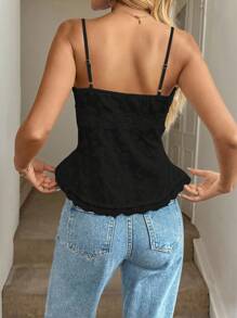 Easowa Áo hai dây vải jacquard thêu ren, nút cài phía trước, eo xếp ly, thường ngày, thanh lịch, dành cho nữ, mùa xuân/hè - màu đen - Xem 2