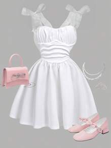 Girlism 少女杏色褶饰胸前蝴蝶结装饰吊带背心连衣裙，休闲甜美返校装 - 白色 - 查看 1