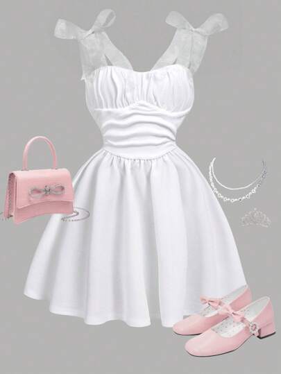 Girlism 少女杏色褶饰胸前蝴蝶结装饰吊带背心连衣裙，休闲甜美返校装