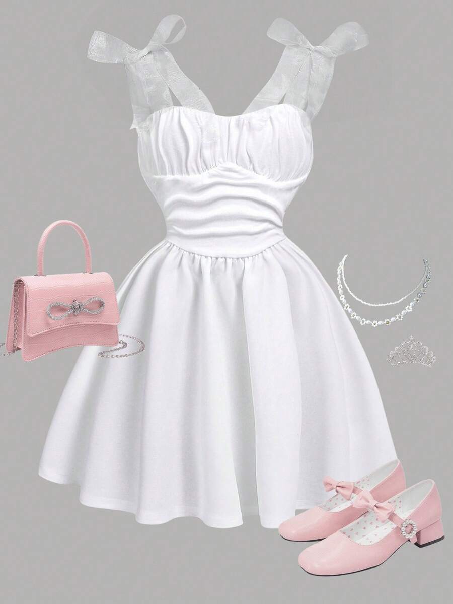 Girlism 少女杏色褶饰胸前蝴蝶结装饰吊带背心连衣裙，休闲甜美返校装 - 白色 - 查看 1