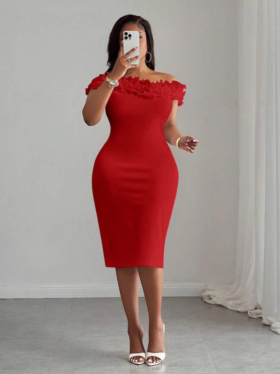 Slaydiva Elegantes weißes figurbetontes Partykleid mit V-Ausschnitt, Rüschen und Schulterausschnitt, geeignet für Frühling/Sommer - Party