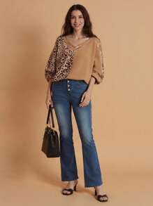SHEIN LUNE 女式休闲豹纹拼布亮片装饰V领运动衫 - 彩色 - 查看 5