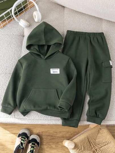 SHEIN 2 pièces Ensemble de vêtements pour enfants avec un sweat-shirt à capuche tricoté et un pantalon à poches pratique, décontracté et pour jeunes garçons