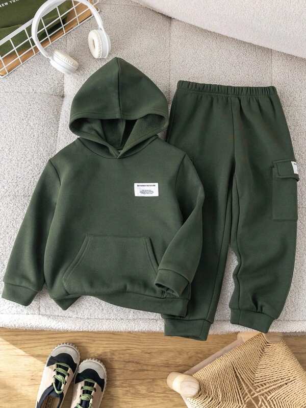 SHEIN 2 Pieces Young Boys Casual College Comfortable Fashion Simple Practical All-Match Knitted Hoodie And Overalls Pocket Pants Set Kids Outfits