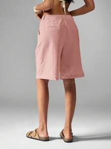 MISSGUIDED 量身定制的亚麻百慕大短裤，高腰阔腿，夏季海滩散步口袋，轻盈及膝，女士休闲度假装 - 藕粉色 - 查看 2