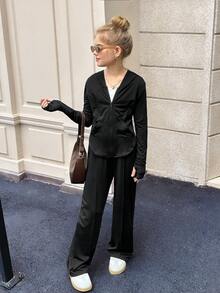 SHEIN Tween 女童纯黑色拉链连帽衫上衣夹克和阔腿裤两件套，适合春秋季休闲装和日常穿着 - 黑色 - 查看 7