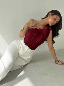 Firerie 春夏新款简约优雅日常通勤3D结构不对称褶皱设计无袖收腰修身白色连体衣，适合音乐节、返校季、女士海滩度假装、机场装、度假装、教师装 - 紅色 - 查看 5