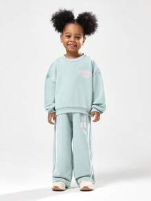 SUMWON Kids Future Icon Sweatshirt And Wide Leg Pants Set Mint Green Pastel Cozy Wear Two Piece Streetwear Outfit Matching Coordinates Winter Holiday - Green - View 7