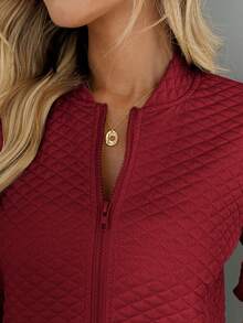 Easowa 女士绗缝纹理面料棒球夹克，休闲通勤优雅户外运动家居舒适秋冬红色绗缝夹克女式红色拉链夹克女式绗缝飞行员夹克女式轻便红色夹克女式休闲红色夹克，秋季 - 紅色 - 查看 7