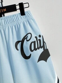 SHEIN Tween Boys' Loose Fit Graphic Print Knit Shorts - Baby Blue - View 3