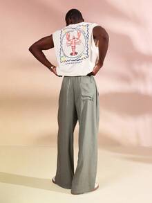 SUMWON Linen Wide Leg Summer Pants Relaxed Fit Drawstring Beach Resort Lounge Casual Trousers Vacation Wear - Army Green - View 5