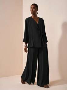 Zivah 2025 年夏季新品音乐节和毕业休闲装，学院风学生日常穿着，度假海滩日光浴街头装，棕色纹理亚麻面料，和服风格腰带衬衫和阔腿裤两件套女士西装套装女士黑色阔腿裤套装，秋季 - 黑色 - 查看 5