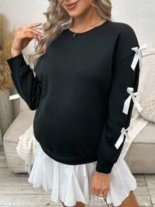 SHEIN Women's Long Sleeve Crew Neck Sweatshirt, Bowknot Cuff Decor, Maternity Autumn - Black - View 1